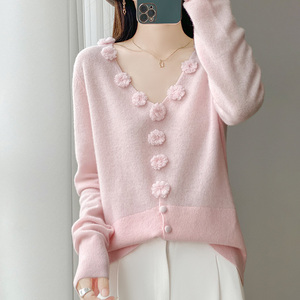 Maglione Cardigan floreale in lana 100% con scollo a V in lana mercerizzata da <span class=keywords><strong>donna</strong></span> - Product Image 4