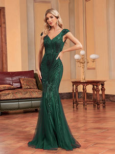 فستان سهرة طويل فاخر من IMPEREAL لعام 2024، فستان نسائي أنيق أخضر بدون أكمام مزين بالترتر بقصة حورية البحر وظهر على شكل V للحفلات والمناسبات - Product Image 5
