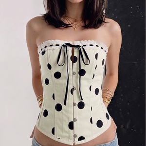 Cute Girls Breathable Knitted Polka Dot Print Lace Ribbons Shaping <b>Tie</b> Front Bandeau Top - Product Image 2