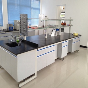 Banco central de laboratorio con marco de acero, mesa de isla, gabinete de madera - Product Image 1