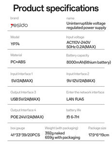 Alimentation électrique régulée sans interruption Yesido 8000mAh 7H de durée de vie de la batterie Normes EU/UK/US DC <span class=keywords><strong>UPS</strong></span> YP74 - Product Image 5