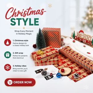 Cross-border Exclusive High-end Large-size Christmas Gift <b>Wrapping</b> <b>Paper</b> Hot-stamped Red Gold Retro Kraft <b>Paper</b> <b>Roll</b> 0.43x3m - Product Image 3