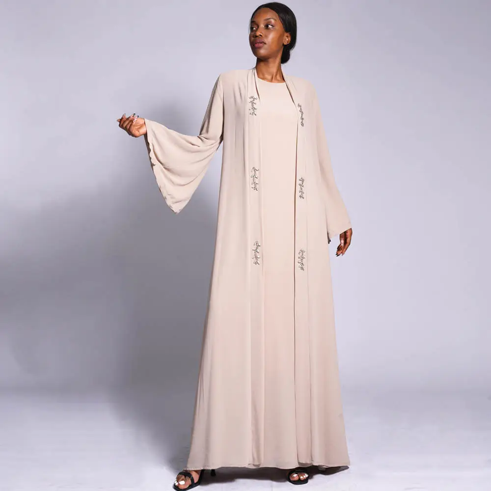 5108 Kuwii Women Abaya Dubai 2023 Rhinestone Chiffon Outer Solid Color Ladies Saudi Arabia Abaya Designs Open Abaya