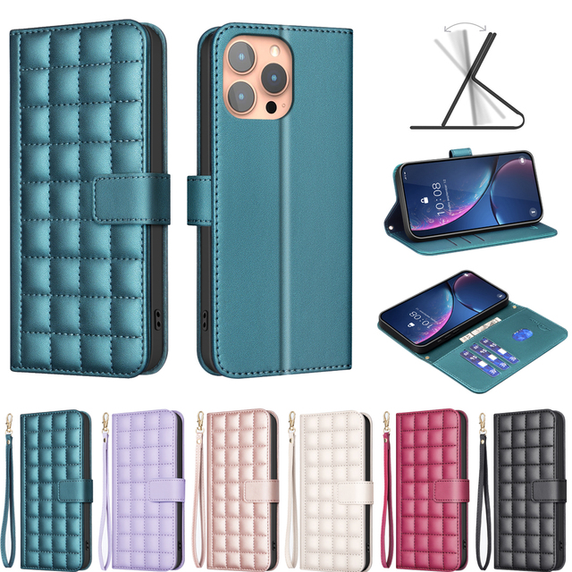 3D Checkered Crossbody Phone Case for iPhone 16 15 14 13 12 11 Pro XS Max XR 7 8 Plus SE 4 Leather Lanyard Wallet Flip Cover