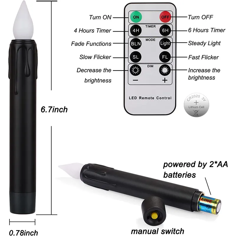 LED 테이퍼 양초 17cm 블랙 불꽃 배터리 원격 제어로 작동 가정 장식용 아마존 베스트셀러