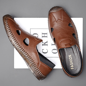 Men's Casual Hollow Leather <b>Sandals</b> With Stitching Rubber Sole Breathable Low Heel For Leisure - Product Image 3