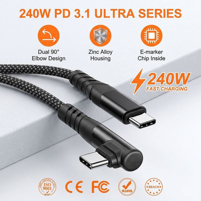 LUNGKAY Custom 2.0 a Male to Angle Right C 240W 480Mbps with E-Marker Chip for Fast Charging&Data Transmission&connect Computer