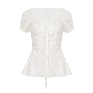 เสื้อครอปถักคอรูปตัวยูแบบเรียบหรูพร้อมดีเทลลูกไม้และแขนพองทรงพองสำหรับผู้หญิง - Product Image 6