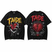 T-shirt Oversize Noir TaiDe OEKO-TEX 280GSM avec Imprimé Cœur Brisé, Flamme, Crâne et Main, Logo Personnalisé Avant et Arrière, OEM ODM, Vente en Gros pour Hommes