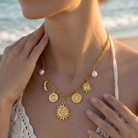 Pendentif personnalisé croissant de lune et soleil en forme de lune, pierres précieuses, perles, pour femme, style sportif, plaqué or véritable, bambou, pour le marché transfrontalier