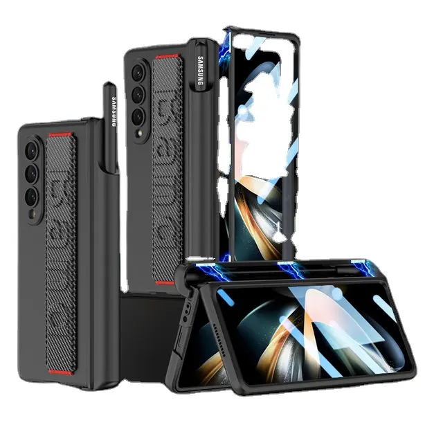 Luxury phone Case For Samsung Galaxy Z Fold 4 5G Magnetic Hinge Pen Holder Protective with Wrist Band Glass Film Hard PC Cover