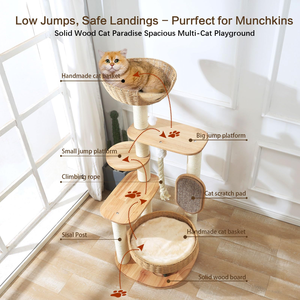 Menara kucing kayu besar 49.6 inci, Kondominium kucing Multi-Level dengan papan garuk tempat tidur anyaman tangan mudah dibersihkan dalam ruangan - Product Image 3