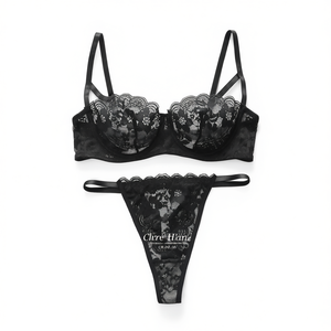 Ensemble soutien-gorge et culotte en dentelle noire Chire Hane pour femme, bonnet complet, armatures, bretelles convertibles, motif floral - Product Image 1