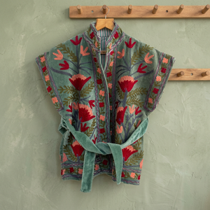 Green <b>Velvet</b> Suzani-inspired Embroidered Floral Knitted Lightweight Quick Dry Quilted Cotton Jacket Mandarin Collar Handmade Tie - Product Image 3