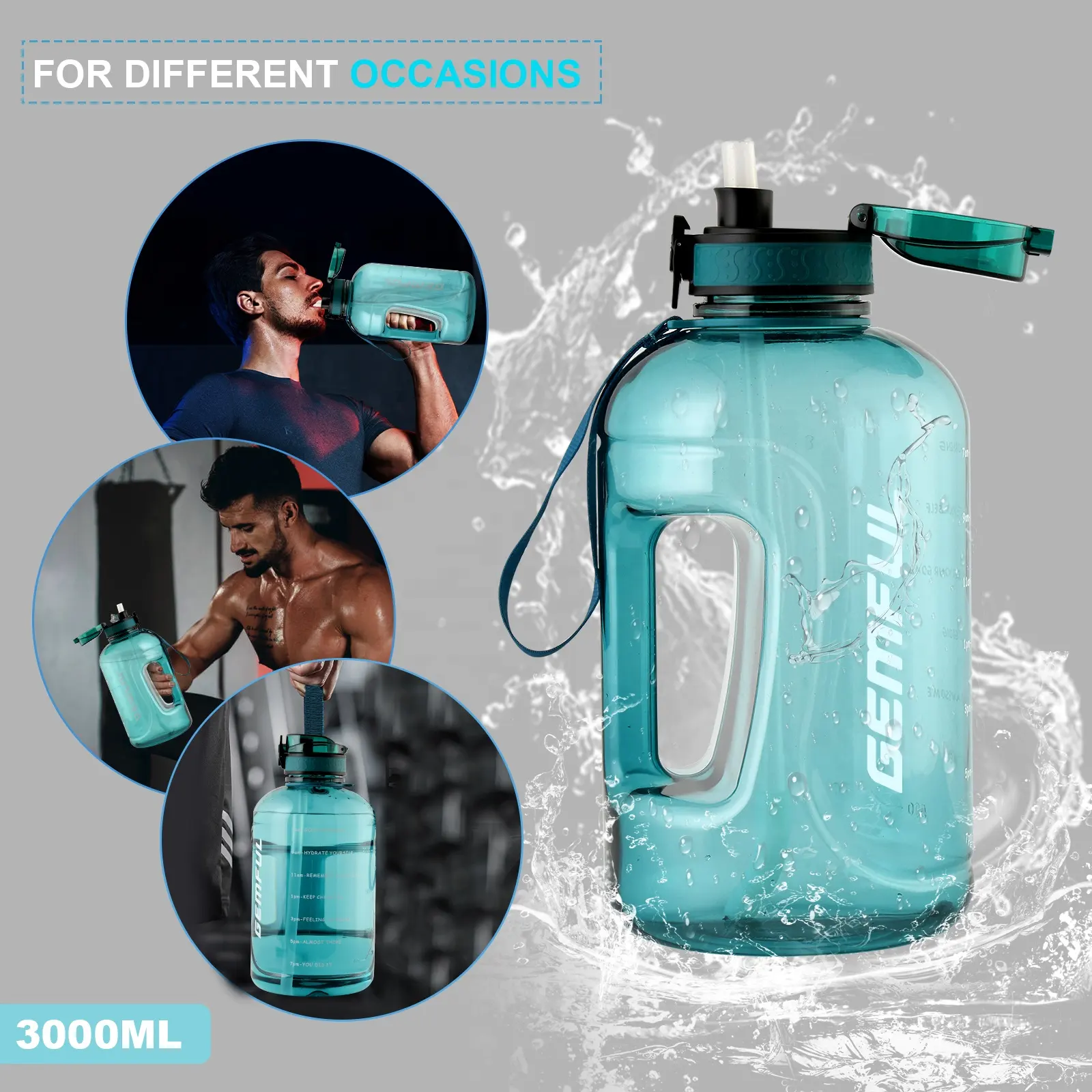 Botellas de agua Deportes Gimnasio Jarra con marcador de tiempo motivacional Plástico sin Bpa Venta al por mayor 3l Galón Viaje CLÁSICO