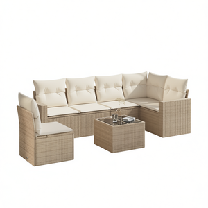 Ensemble de canapés de jardin modulaires en rotin beige avec coussins en mousse haute densité, mobilier d'extérieur au design contemporain - Product Image 1