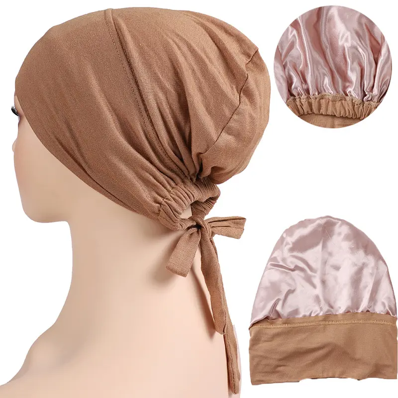 2022 New Designs Turkish Cotton Modal Jersey Premium Satin Lined Underscarf Muslim Women Satin Inner Hijab Caps HW443