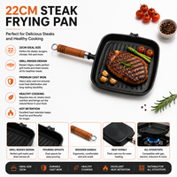 Poêle à griller carrée en fonte côtelée avec poignée en bois, antiadhésive, pour steak, avec bec verseur, pour barbecue, cuisine domestique et camping