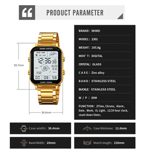 Montre-bracelet numérique de luxe SKMEI 2301, étanche, avec boîtier en acier et bracelet en acier inoxydable, modèle sport, très vendue - Product Image 4