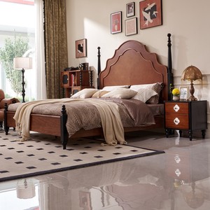 Cama de Madera Maciza Estilo Retro Francés, Cama King Size de 1.8m con Cabecero Tallado a Mano, Muebles de Dormitorio de Caoba - Product Image 1
