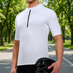 Maillot de cyclisme respirant pour homme, blanc, à manches courtes, avec demi-fermeture éclair et support pour casque noir - Product Image 3