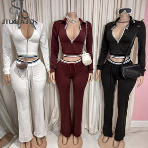 Moda Mujer Trajes Color Patchwork Manga larga Zip up Crop Top y pantalones Conjunto de 2 piezas - Product Image 1