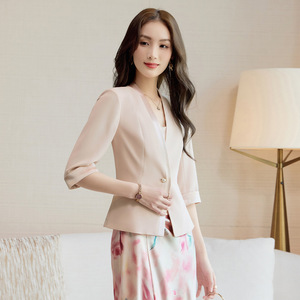 Women's Blazer Pink Solid Color Three Quarter Sleeve Collarless Slim Fit Breathable <b>Summer</b> Style - Product Image 4