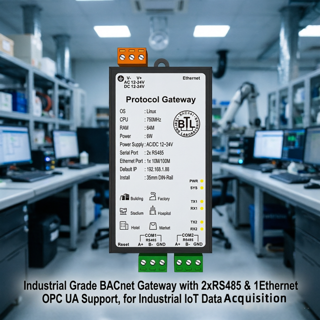 Sunfull Industrial Grade BACnet Gateway with 2xRS485 & 1xEthernet, OPC UA Support, for Industrial IoT Data Acquisition