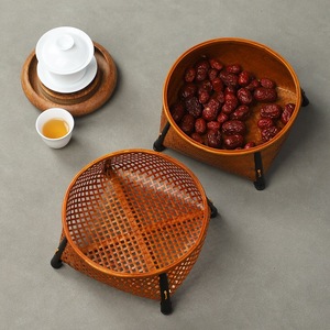 <b>Bamboo</b> Woven Lacquer Snack Basket Round Handmade Tea Ceremony Accessory Food <b>Container</b> - Product Image 1