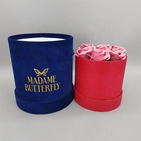 Boîtes d'emballage rondes pour fleurs en carton recyclé avec logo personnalisé, couleurs bleu et rouge