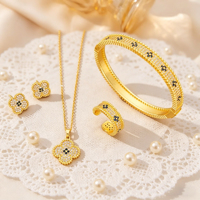 Ensemble de bijoux trèfle 4 pièces en argent plaqué or, serti de pierres CZ, comprenant collier, boucles d'oreilles, bracelet et bague, bleu, de luxe, pour mariage, vente en gros