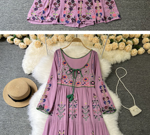 Robes personnalisées pour femmes, robe longue élégante <span class=keywords><strong>bohème</strong></span>, art rétro, <span class=keywords><strong>style</strong></span> ethnique, robe à fleurs brodée, col rond, laçage, robe ample - Product Image 4