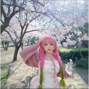 Perruque rose complète pour cosplay, densité 150%, fibre haute température, ligne de cheveux naturelle, taille unique, sans dentelle - Product Image 2