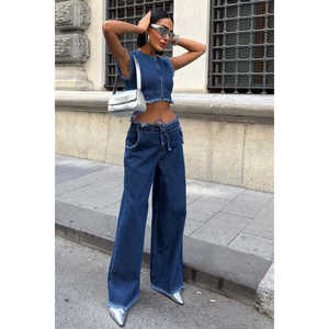 Conjunto de Mezclilla Sobe, Top Corto sin Mangas con Dobladillo Deshilachado, Pantalones de Mezclilla de Moda 100% Algodón para Mujer, Conjunto Combinado 10225 - Product Image 5