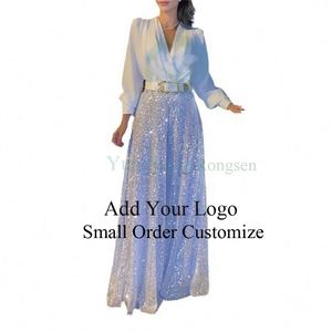 Ensemble <span class=keywords><strong>pantalon</strong></span> et chemise pour femme, chemise à col en V, couleur unie, manches longues, <span class=keywords><strong>pantalon</strong></span> à jambes larges à paillettes, ensemble <span class=keywords><strong>pantalon</strong></span> pour femme - Product Image 4
