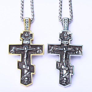 Collar religioso de acero inoxidable cristiano ortodoxo de producción OEM crucifijo chapado en oro Cruz de Jesús para regalo o fiesta - Product Image 1