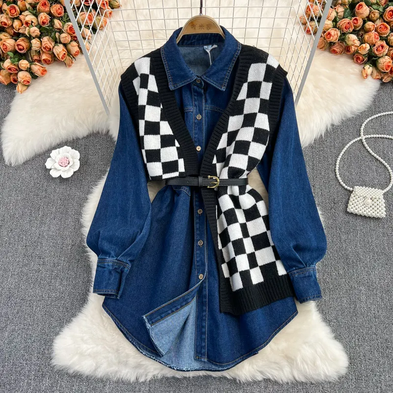Vintage two-Piece Knit Sweater Checkerboard Check Waistcoat Patchwork Denim Dress Fashionable Single Breasted Coat For Women