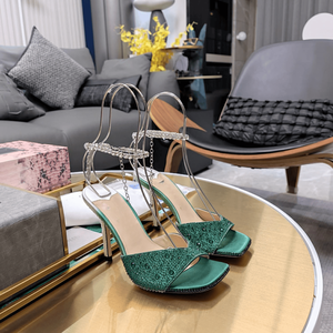 Jimmy Embellished Satin Heeled <b>Sandals</b> with Dangling Chain Ankle Strap Open Toe Stiletto Shoes for Wedding Chooing - Product Image 2