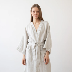 Al por mayor, Bata de baño y pijama de lino 100% personalizada para adulto, de manga larga, nuevo diseño, talla grande, para primavera, teñido liso - Product Image 4