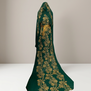 <b>Emerald</b> Green Embroidered Organza Ball Gown Chapel Train Halter Neck Full Sleeve Floral Print Prom Evening <b>Dress</b> Empire Waist - Product Image 1