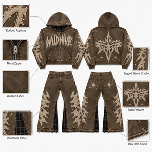 <span class=keywords><strong>Tuta</strong></span> Vintage Streetwear Personalizzata con Lavaggio Acido, Felpa con Zip e <span class=keywords><strong>Pantaloni</strong></span> <span class=keywords><strong>a</strong></span> Zampa con Applicazioni in Strass e Ricami - Product Image 4