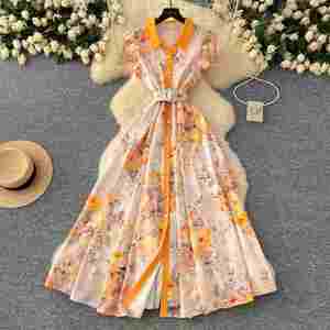 Elegante Vestido Midi Casual con Cuello Camisero, Estampado Digital Ecológico, Encaje, Sin Mangas, Cintura Imperio, Color Amarillo para Mujer - Product Image 2