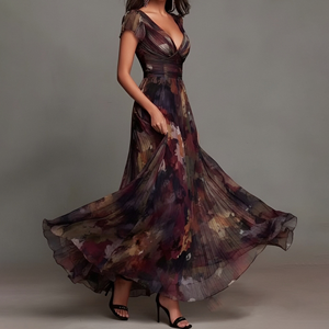 Abito lungo da donna stile boho con stampa a olio, scollo a V profondo, maniche corte, in chiffon plissettato con stampa floreale, elegante per <span class=keywords><strong>la</strong></span> spiaggia - Product Image 4
