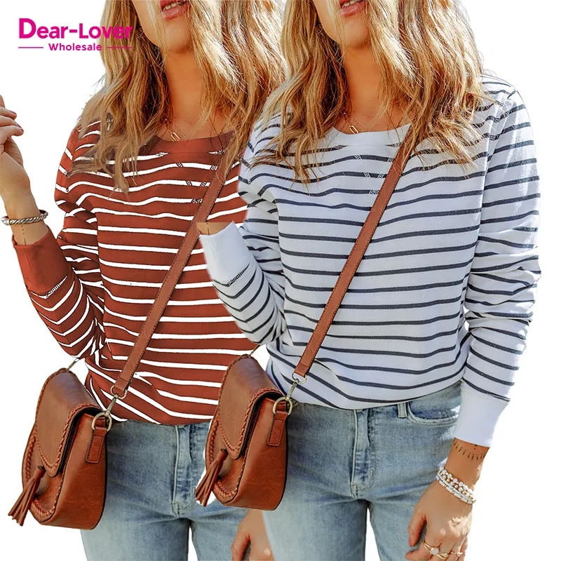 Dear-Lover Women Clothing Ladies Striped Print Ribbed Trim Long Sleeve Woman Tops Wholesale
