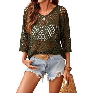 Women's Crochet <b>Top</b> 3/4 Sleeve V-neck Hollow Out Knitted Loose Batwing Sleeve Summer Cover Up Beach Vacation Outfit - Product Image 1