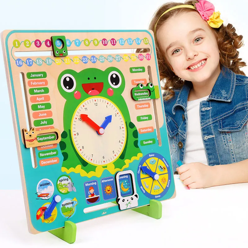 QS New Preschool Educational Montessori Toy Wooden Frog Clock For Toddler Kids Weather Season Calendar Time Cognition Learning