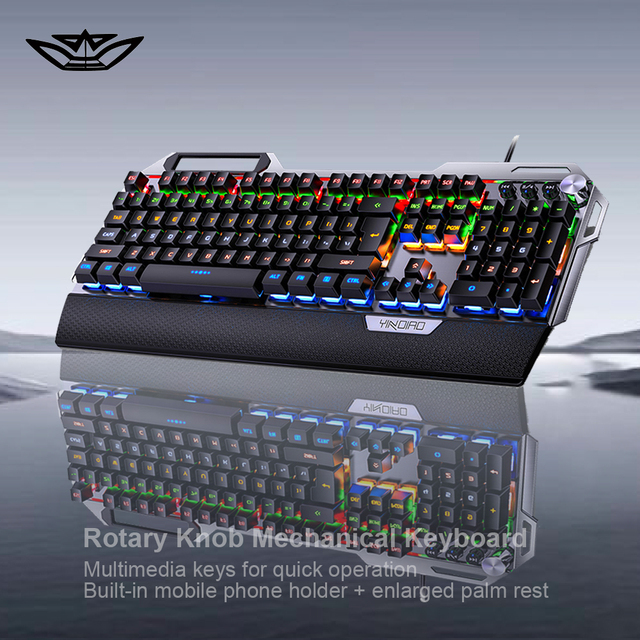 108-key Wired Mechanical Gaming Keyboard Multi-function Knob Ergonomic Design RGB Backlit Brushed Aluminum Alloy Panel for