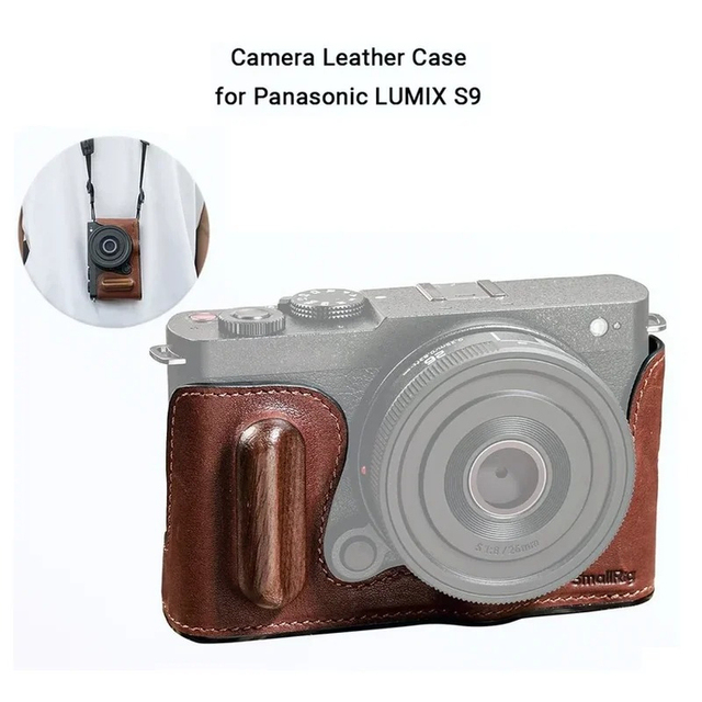 For S9 Genuine Leather & Wood Half Case for LUMIX S9 Camera Built-in Wooden Grip Strap Hole Tripod Mount -4703