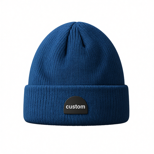 Wholesale Custom Cuffed Beanie Royal Blue 1x1 Rib Knit Winter Hat Half Moon Silicone Patch Raised Rubber Logo Skull Cap Factory