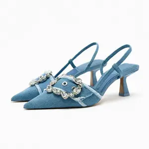 New European Slingback Fashion Denim Blue Zapatos De Mujer Summer Stiletto High Heels for Women Pumps Shoes